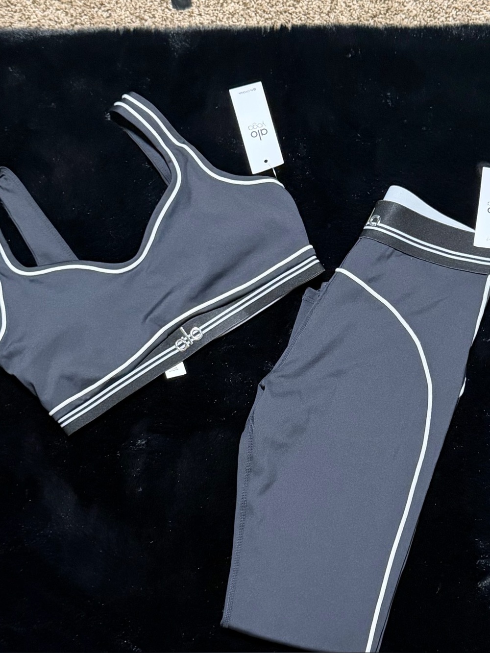ALO Yoga Black Sports Bra and Legging Set with White Piping